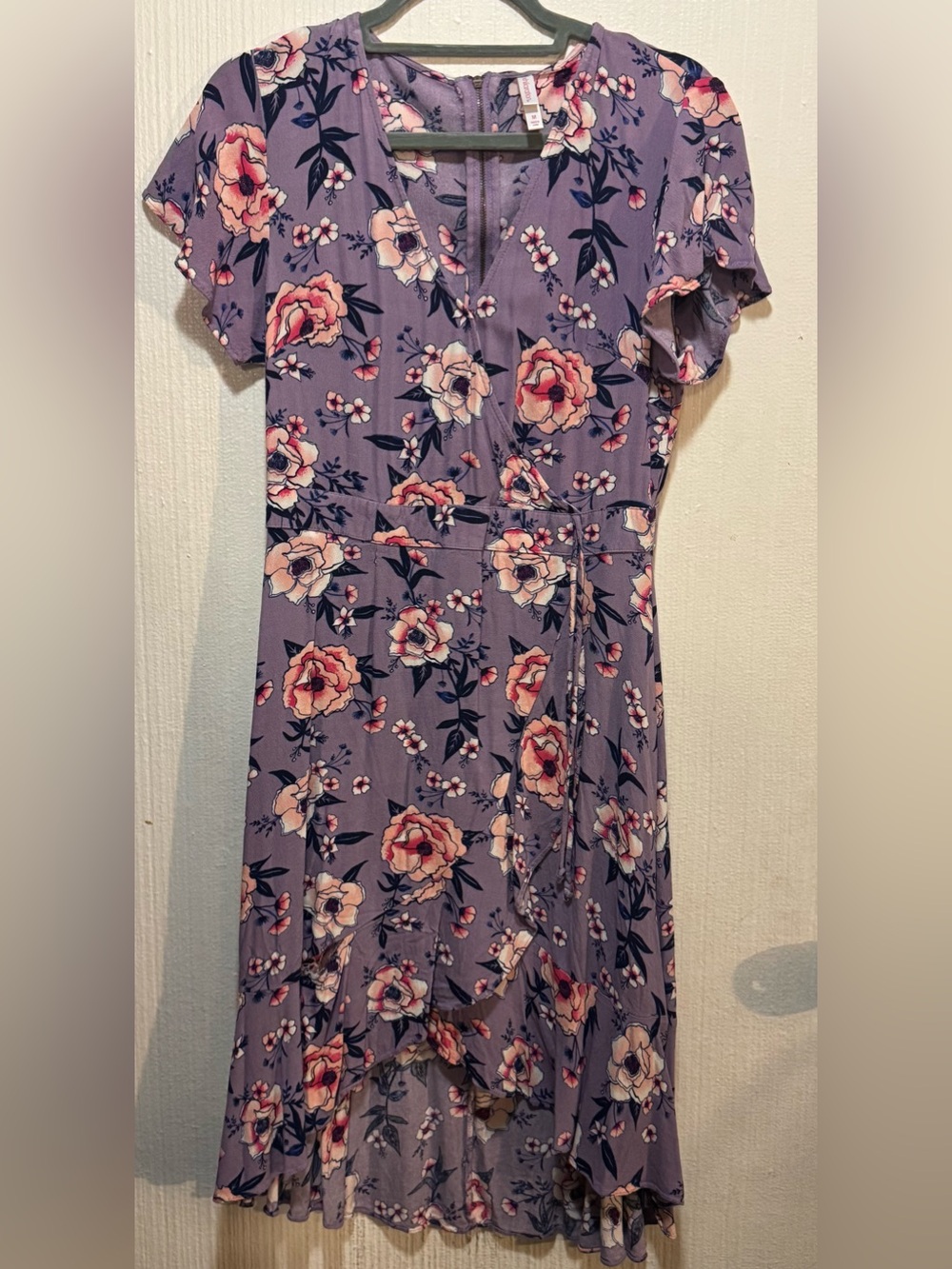 Xhilaration Lavender Floral Wrap Midi Dress with Pink Blooms